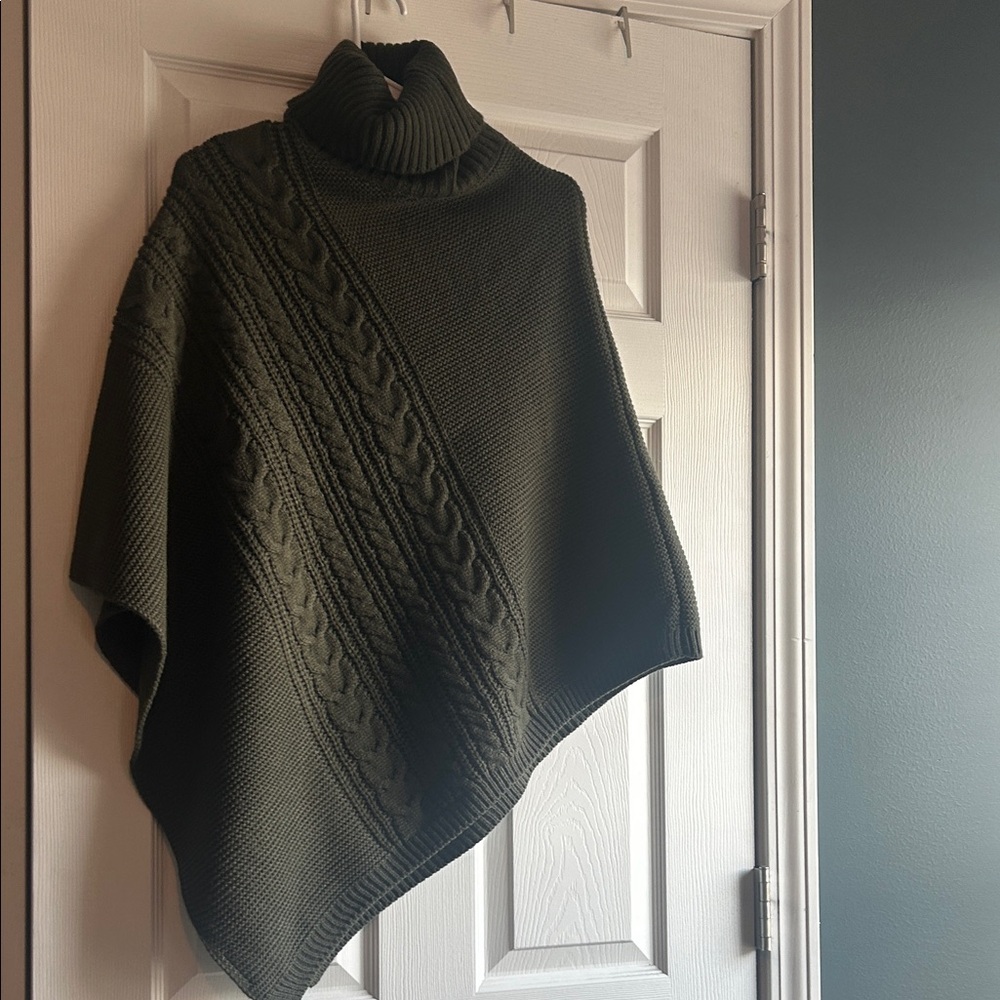 Women's Olive Green Turtleneck Poncho Sweater - Picture 11 of 11